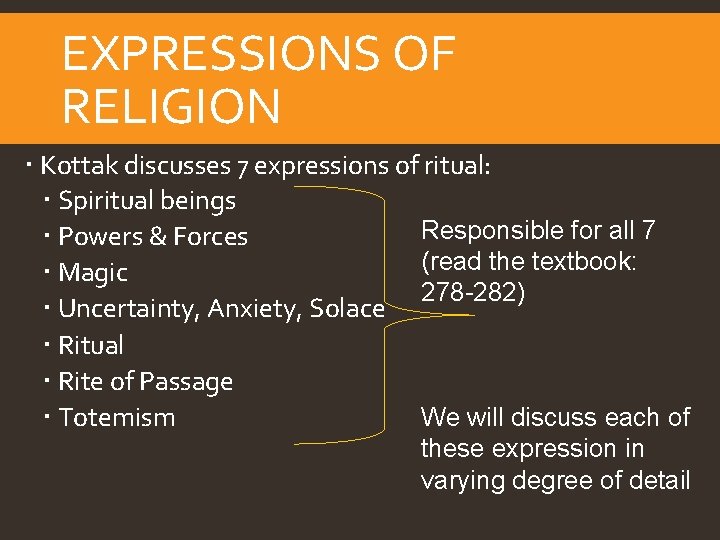 EXPRESSIONS OF RELIGION Kottak discusses 7 expressions of ritual: Spiritual beings Responsible for all