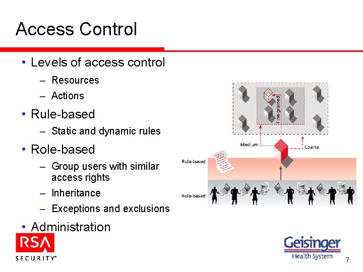 Access Control • Levels of access control – Resources – Actions • Rule-based –