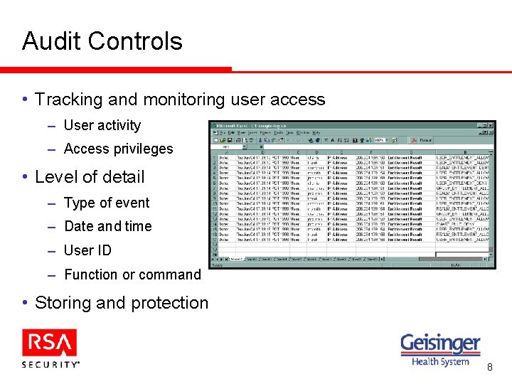 Audit Controls • Tracking and monitoring user access – User activity – Access privileges