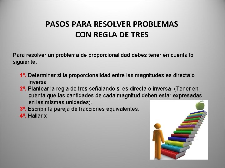 PASOS PARA RESOLVER PROBLEMAS CON REGLA DE TRES Para resolver un problema de proporcionalidad