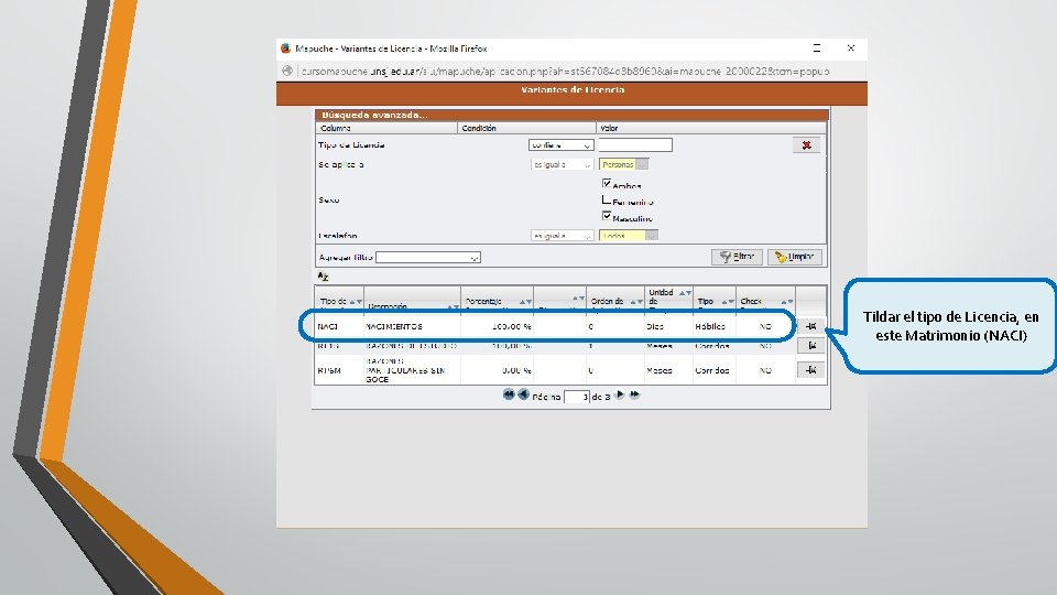 Tildar el tipo de Licencia, en este Matrimonio (NACI) 