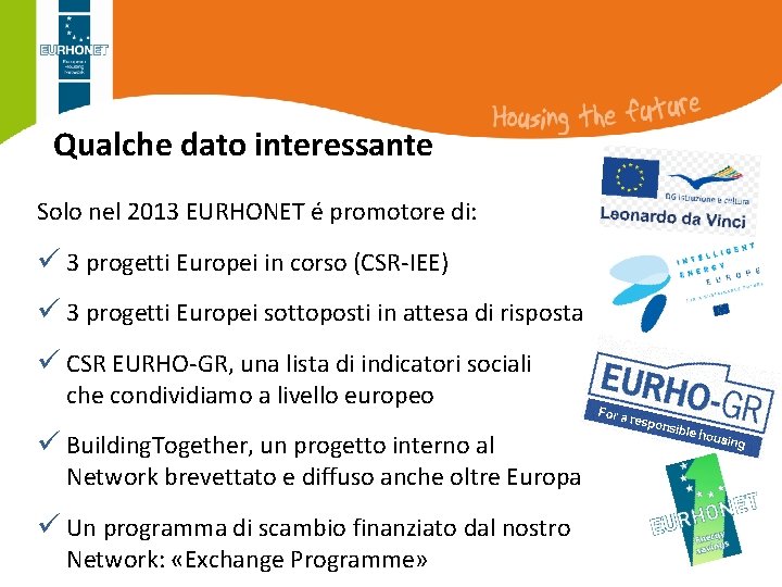 Qualche dato interessante Solo nel 2013 EURHONET é promotore di: ü 3 progetti Europei