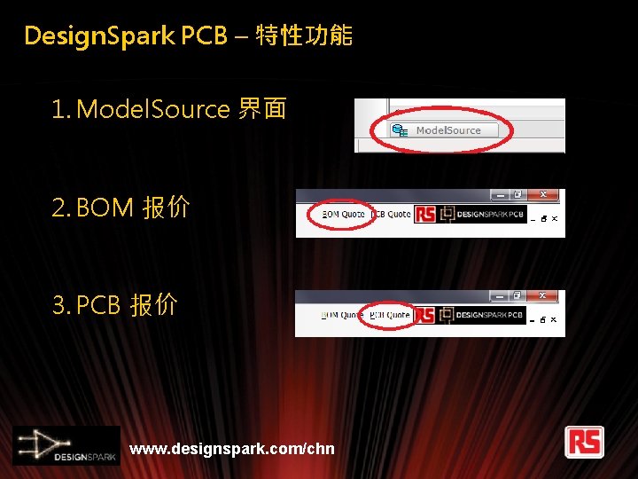 Design. Spark PCB – 特性功能 1. Model. Source 界面 2. BOM 报价 3. PCB