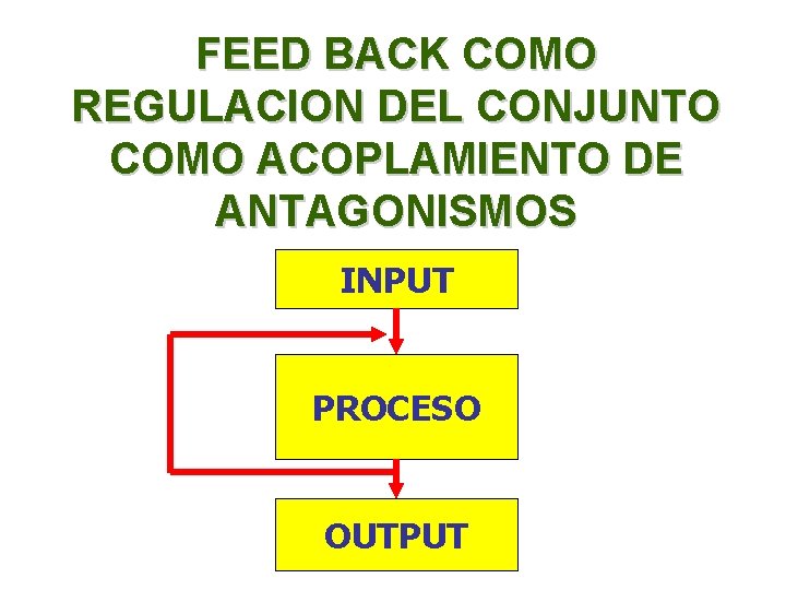 FEED BACK COMO REGULACION DEL CONJUNTO COMO ACOPLAMIENTO DE ANTAGONISMOS INPUT PROCESO OUTPUT 