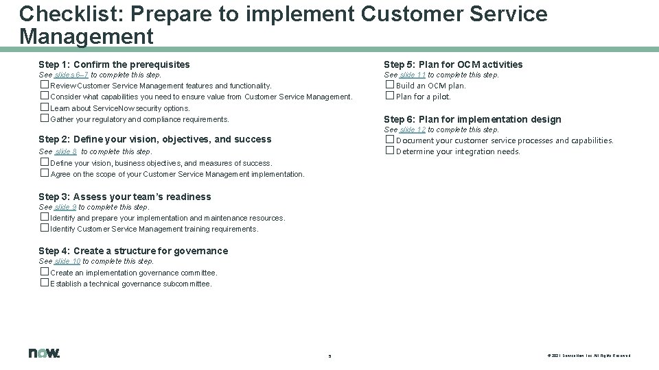 Checklist: Prepare to implement Customer Service Management Step 1: Confirm the prerequisites Step 5: