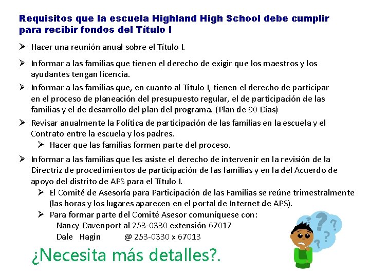 Requisitos que la escuela Highland High School debe cumplir para recibir fondos del Título