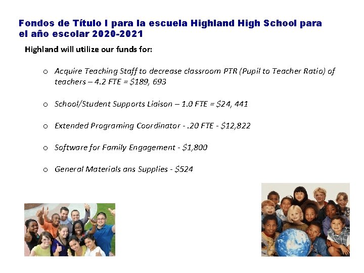 Fondos de Título I para la escuela Highland High School para el año escolar