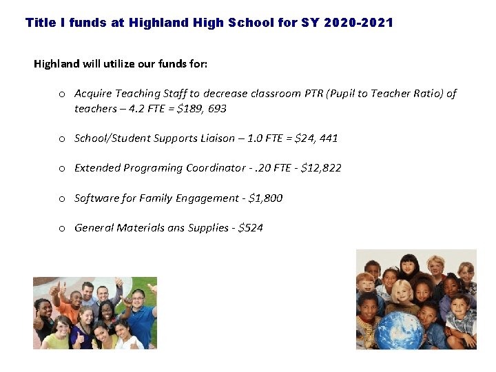 Title I funds at Highland High School for SY 2020 -2021 Highland will utilize