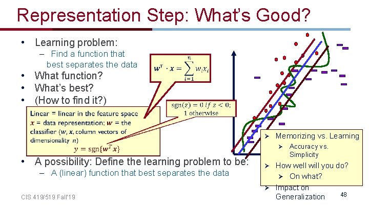 Representation Step: What’s Good? • Learning problem: – Find a function that best separates
