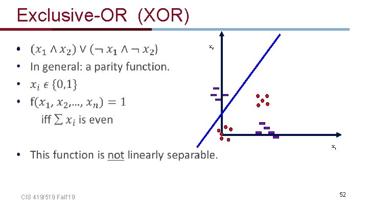 Exclusive-OR (XOR) • x 2 x 1 CIS 419/519 Fall’ 19 52 
