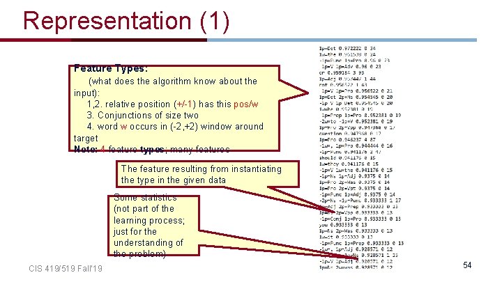 Representation (1) Feature Types: (what does the algorithm know about the input): 1, 2.