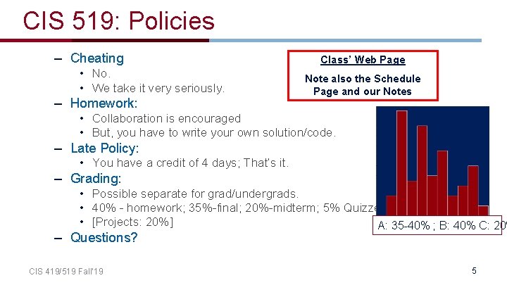 CIS 519: Policies – Cheating • No. • We take it very seriously. –