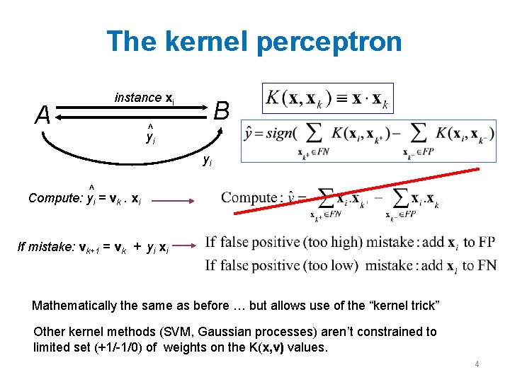 The kernel perceptron A instance xi B ^ yi yi ^ Compute: yi =