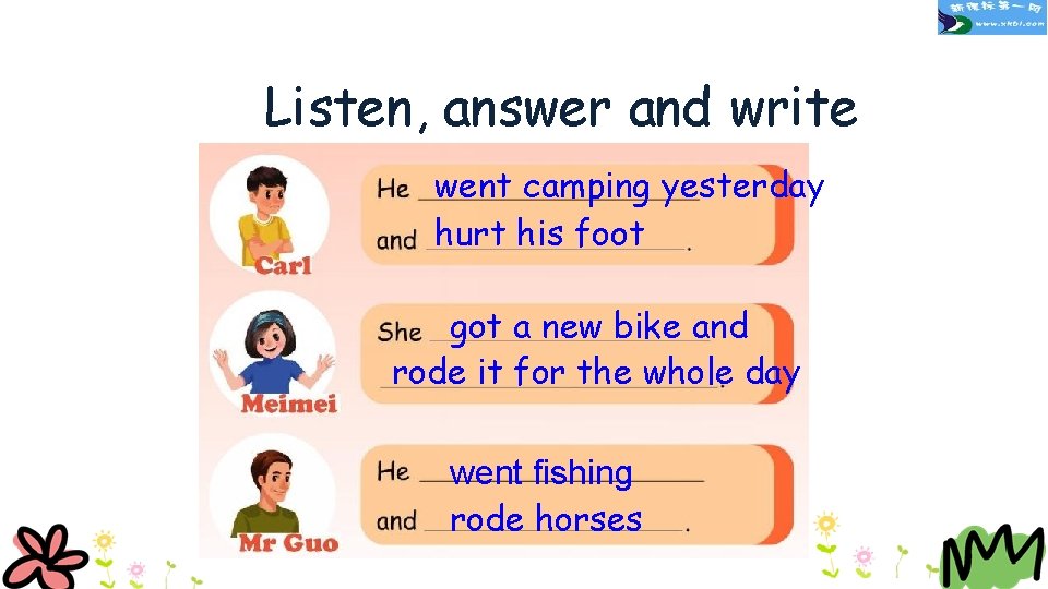Listen, answer and write went camping yesterday hurt his foot got a new bike