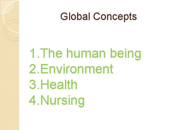 Global Concepts 1. The human being 2. Environment 3. Health 4. Nursing Global Concepts 1. The human being 2. Environment 3. Health 4. Nursing