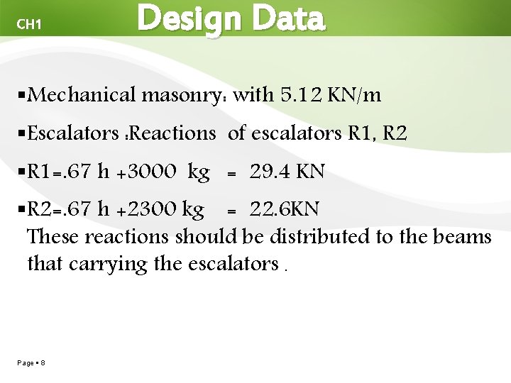 CH 1 Design Data Mechanical masonry: with 5. 12 KN/m Escalators : Reactions of