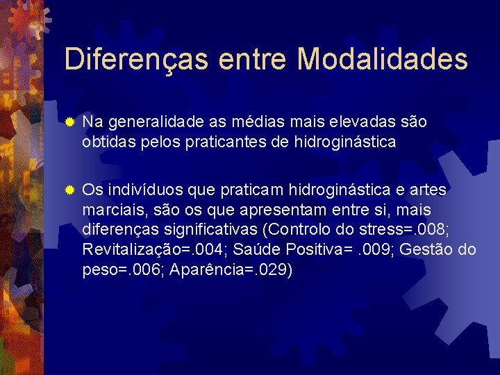 Diferenças entre Modalidades ® Na generalidade as médias mais elevadas são obtidas pelos praticantes Diferenças entre Modalidades ® Na generalidade as médias mais elevadas são obtidas pelos praticantes