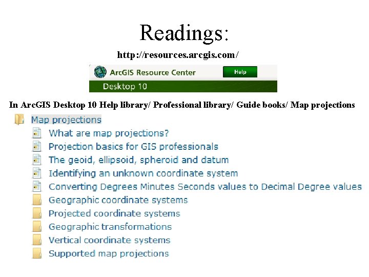 Readings: http: //resources. arcgis. com/ In Arc. GIS Desktop 10 Help library/ Professional library/