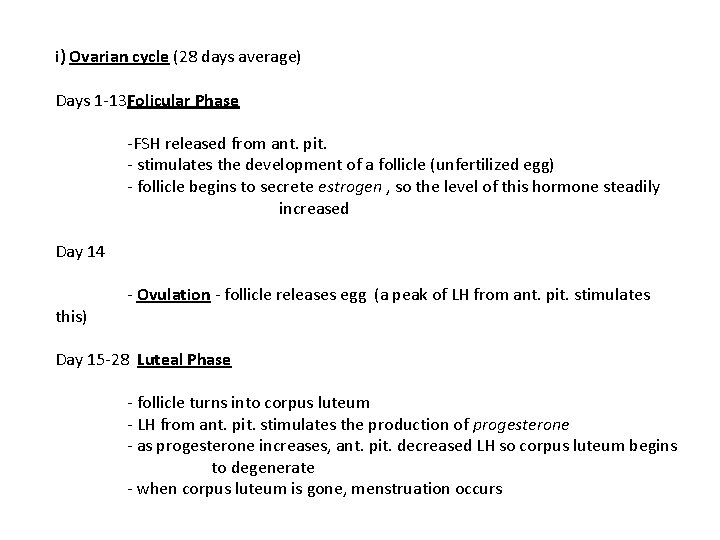 i) Ovarian cycle (28 days average) Days 1 -13 Folicular Phase -FSH released from