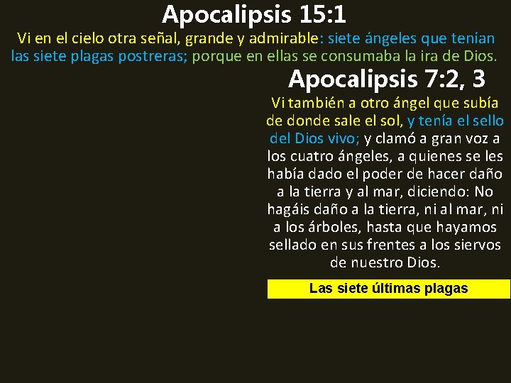 Apocalipsis 15: 1 Vi en el cielo otra señal, grande y admirable: siete ángeles