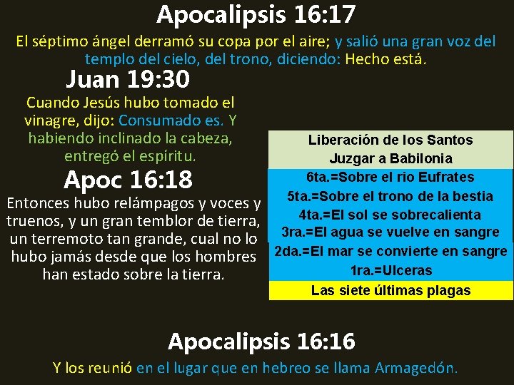 Apocalipsis 16: 17 El séptimo ángel derramó su copa por el aire; y salió