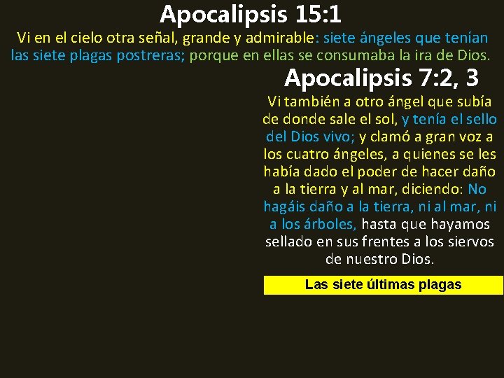 Apocalipsis 15: 1 Vi en el cielo otra señal, grande y admirable: siete ángeles