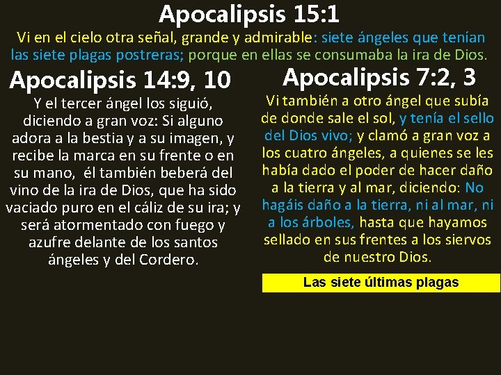 Apocalipsis 15: 1 Vi en el cielo otra señal, grande y admirable: siete ángeles