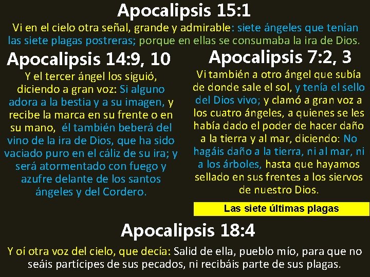 Apocalipsis 15: 1 Vi en el cielo otra señal, grande y admirable: siete ángeles