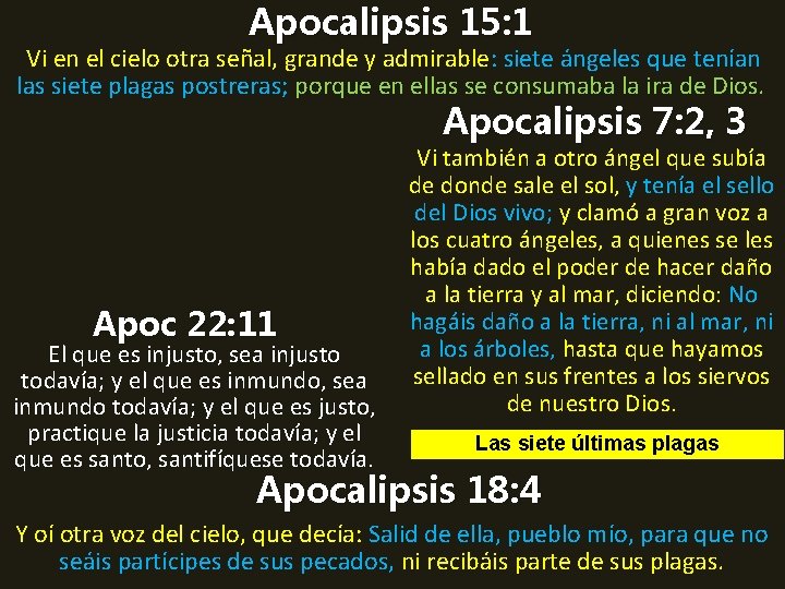 Apocalipsis 15: 1 Vi en el cielo otra señal, grande y admirable: siete ángeles