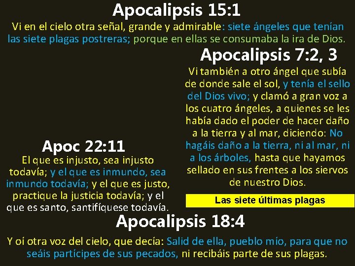 Apocalipsis 15: 1 Vi en el cielo otra señal, grande y admirable: siete ángeles