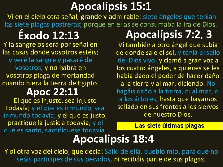 Apocalipsis 15: 1 Vi en el cielo otra señal, grande y admirable: siete ángeles