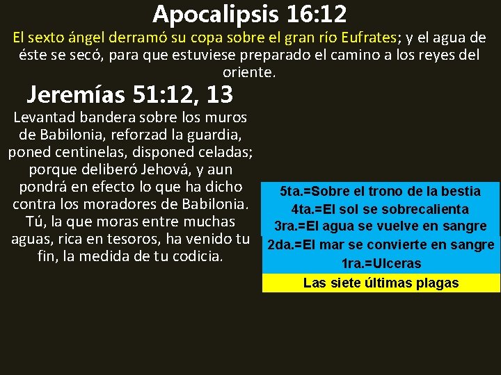 Apocalipsis 16: 12 El sexto ángel derramó su copa sobre el gran río Eufrates;