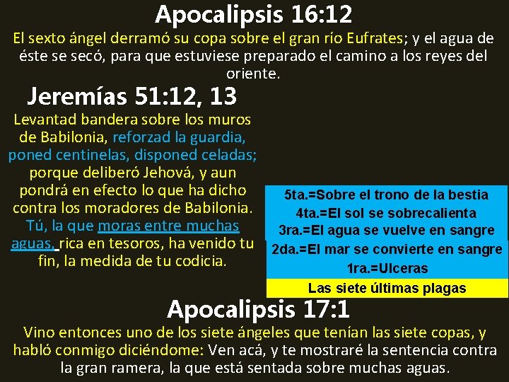 Apocalipsis 16: 12 El sexto ángel derramó su copa sobre el gran río Eufrates;