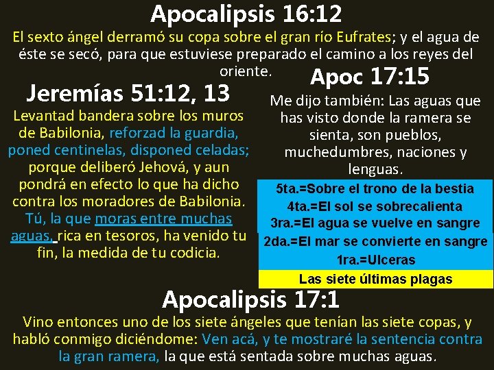 Apocalipsis 16: 12 El sexto ángel derramó su copa sobre el gran río Eufrates;