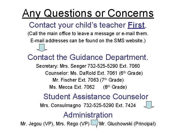 Any Questions or Concerns Contact your child’s teacher First. (Call the main office to