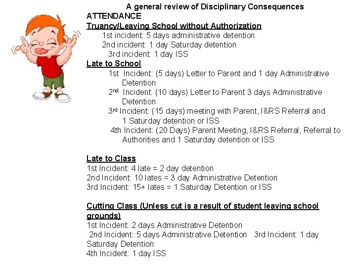 A general review of Disciplinary Consequences ATTENDANCE Truancy/Leaving School without Authorization 1 st incident: