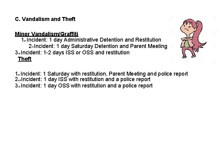 C. Vandalism and Theft Minor Vandalism/Graffiti 1 st Incident: 1 day Administrative Detention and