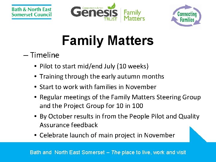 Family Matters – Timeline Pilot to start mid/end July (10 weeks) Training through the