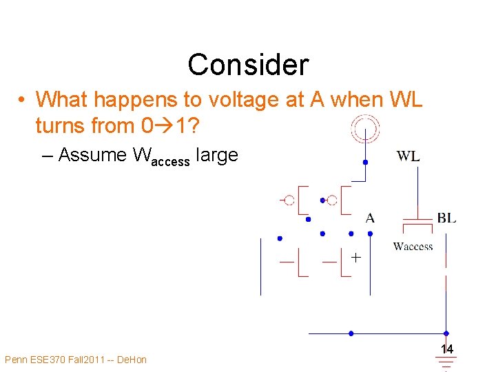 Consider • What happens to voltage at A when WL turns from 0 1? Consider • What happens to voltage at A when WL turns from 0 1?