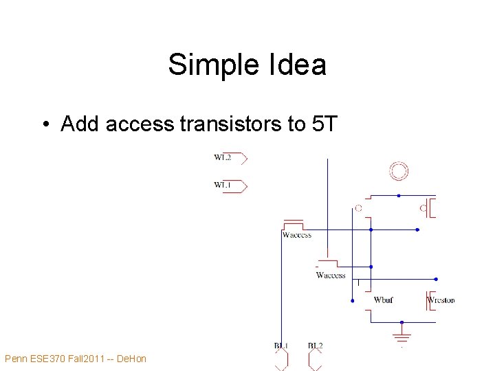 Simple Idea • Add access transistors to 5 T Penn ESE 370 Fall 2011 Simple Idea • Add access transistors to 5 T Penn ESE 370 Fall 2011