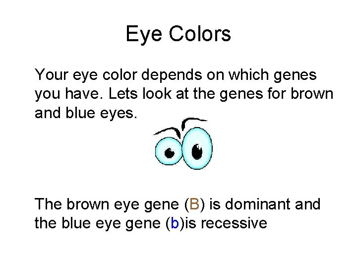 Eye Colors Your eye color depends on which genes you have. Lets look at