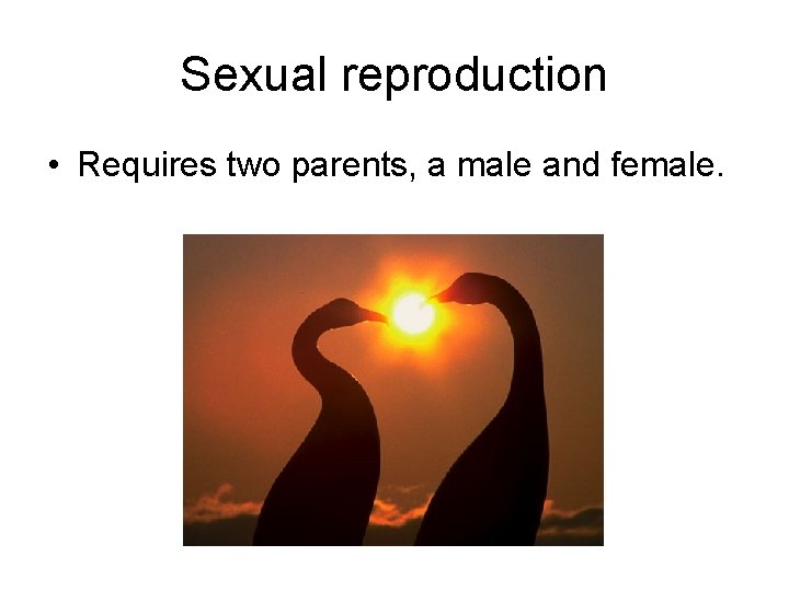 Sexual reproduction • Requires two parents, a male and female. 