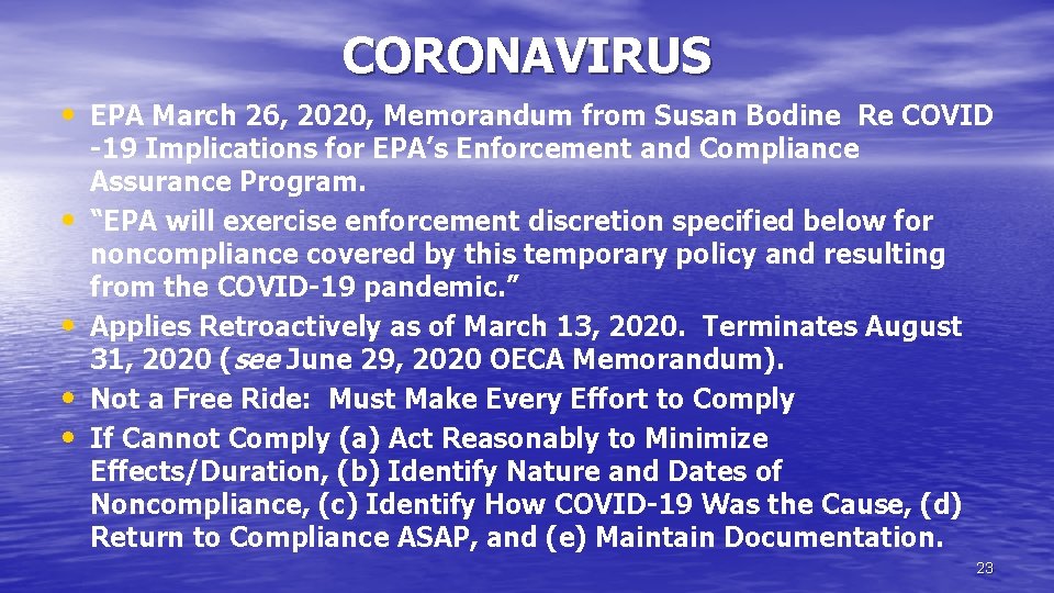 CORONAVIRUS • EPA March 26, 2020, Memorandum from Susan Bodine Re COVID • •