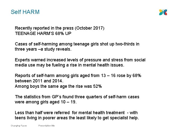 Self HARM Recently reported in the press (October 2017) TEENAGE HARM’S 68% UP Cases
