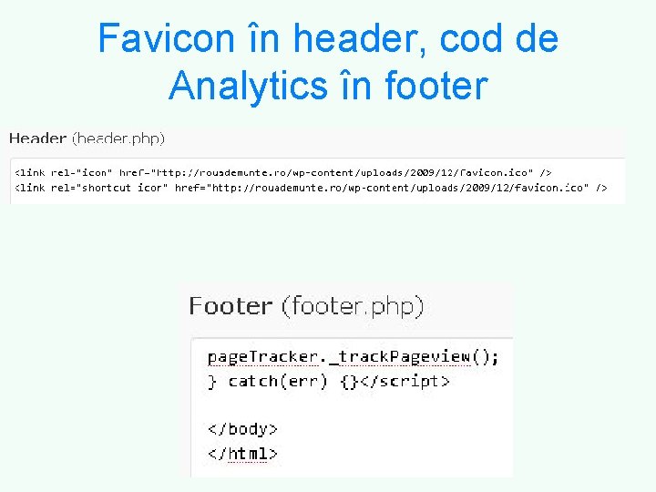 Favicon în header, cod de Analytics în footer 