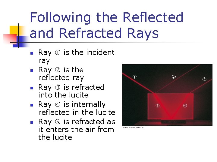 Following the Reflected and Refracted Rays n n n Ray is the incident ray