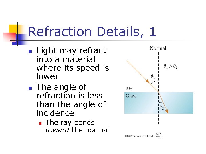 Refraction Details, 1 n n Light may refract into a material where its speed