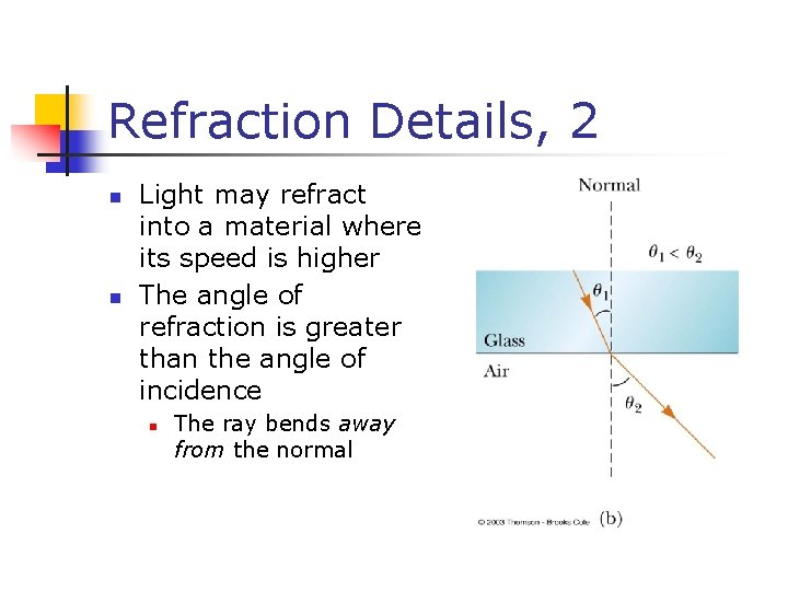 Refraction Details, 2 n n Light may refract into a material where its speed