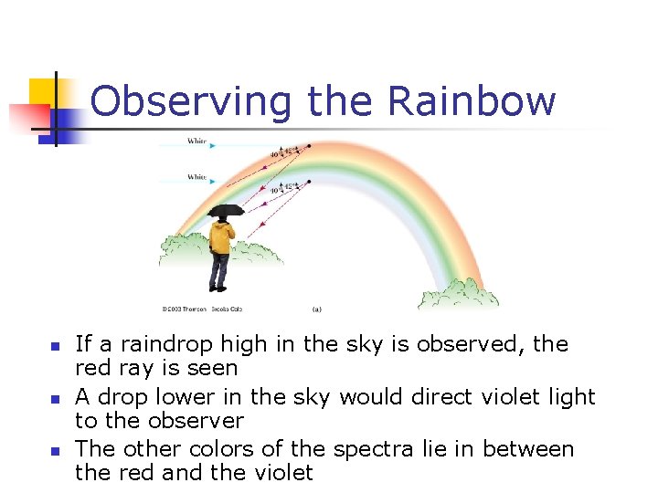 Observing the Rainbow n n n If a raindrop high in the sky is