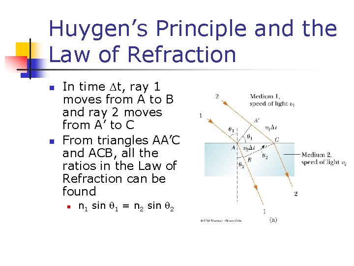 Huygen’s Principle and the Law of Refraction n n In time t, ray 1